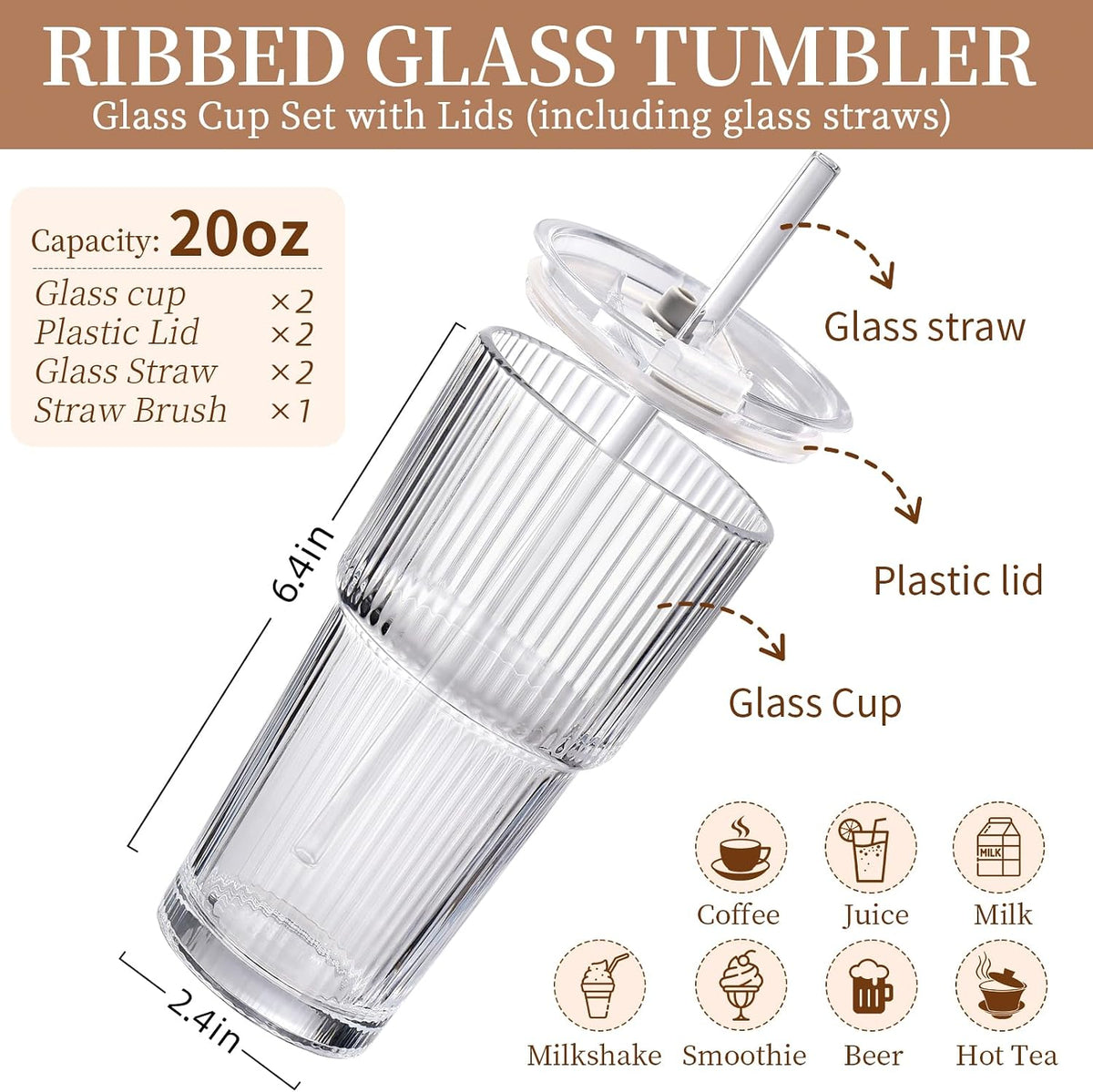 20oz Ribbed Glass Tumbler with Straw and Lid,2 Pcs Vintage Iced Coffee Cups