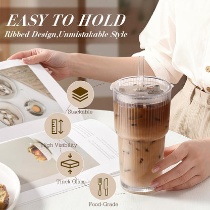 20oz Ribbed Glass Tumbler with Straw and Lid,2 Pcs Vintage Iced Coffee Cups