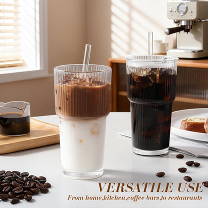 20oz Ribbed Glass Tumbler with Straw and Lid,2 Pcs Vintage Iced Coffee Cups