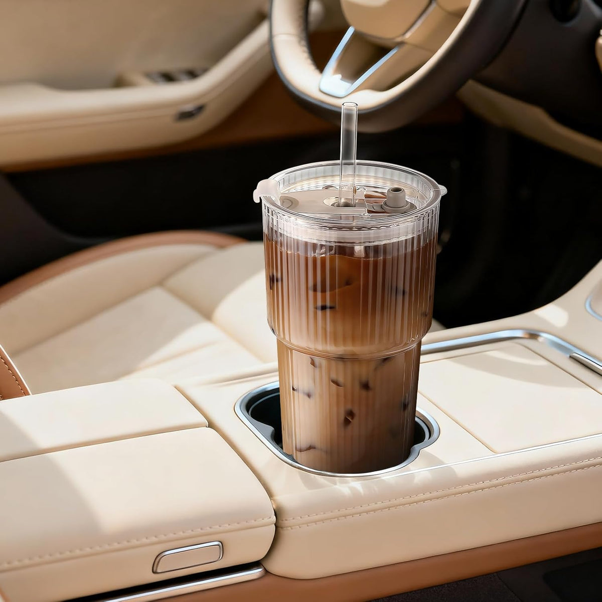 20oz Ribbed Glass Tumbler with Straw and Lid,2 Pcs Vintage Iced Coffee Cups