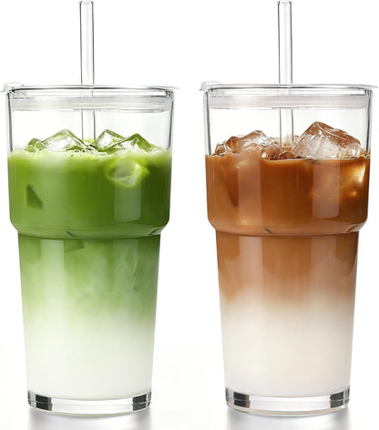 20oz Ribbed Glass Tumbler with Straw and Lid,2 Pcs Vintage Iced Coffee Cups