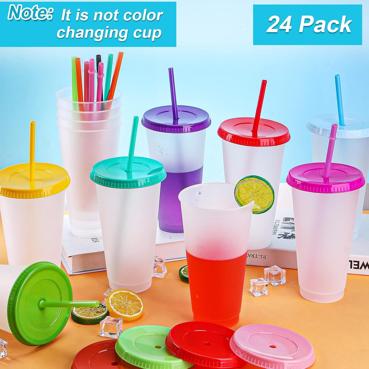 24 Pack Plastic Tumblers with Lids and Straw, Reusable Cups with Lids and Straws Colorful Cups for Cold Drink Iced Coffee, Plastic Tumbler Bulk for Party Birthday Gifts (24 oz, Stylish Colors)