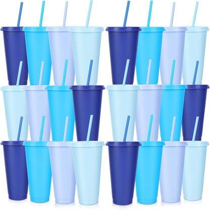24 Pack Plastic Tumblers with Lids and Straw, Reusable Cups with Lids and Straws Colorful Cups for Cold Drink Iced Coffee, Plastic Tumbler Bulk for Party Birthday Gifts (24 oz, Stylish Colors)