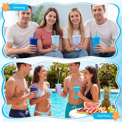 24 Pack Plastic Tumblers with Lids and Straw, Reusable Cups with Lids and Straws Colorful Cups for Cold Drink Iced Coffee, Plastic Tumbler Bulk for Party Birthday Gifts (24 oz, Stylish Colors)