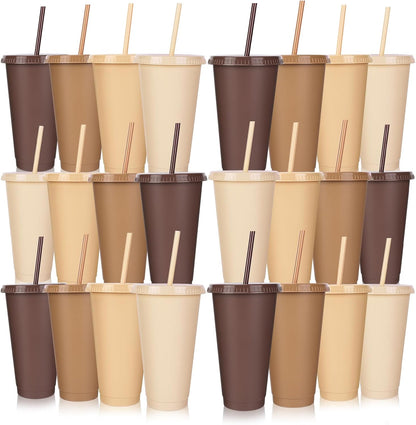 24 Pack Plastic Tumblers with Lids and Straw, Reusable Cups with Lids and Straws Colorful Cups for Cold Drink Iced Coffee, Plastic Tumbler Bulk for Party Birthday Gifts (24 oz, Stylish Colors)