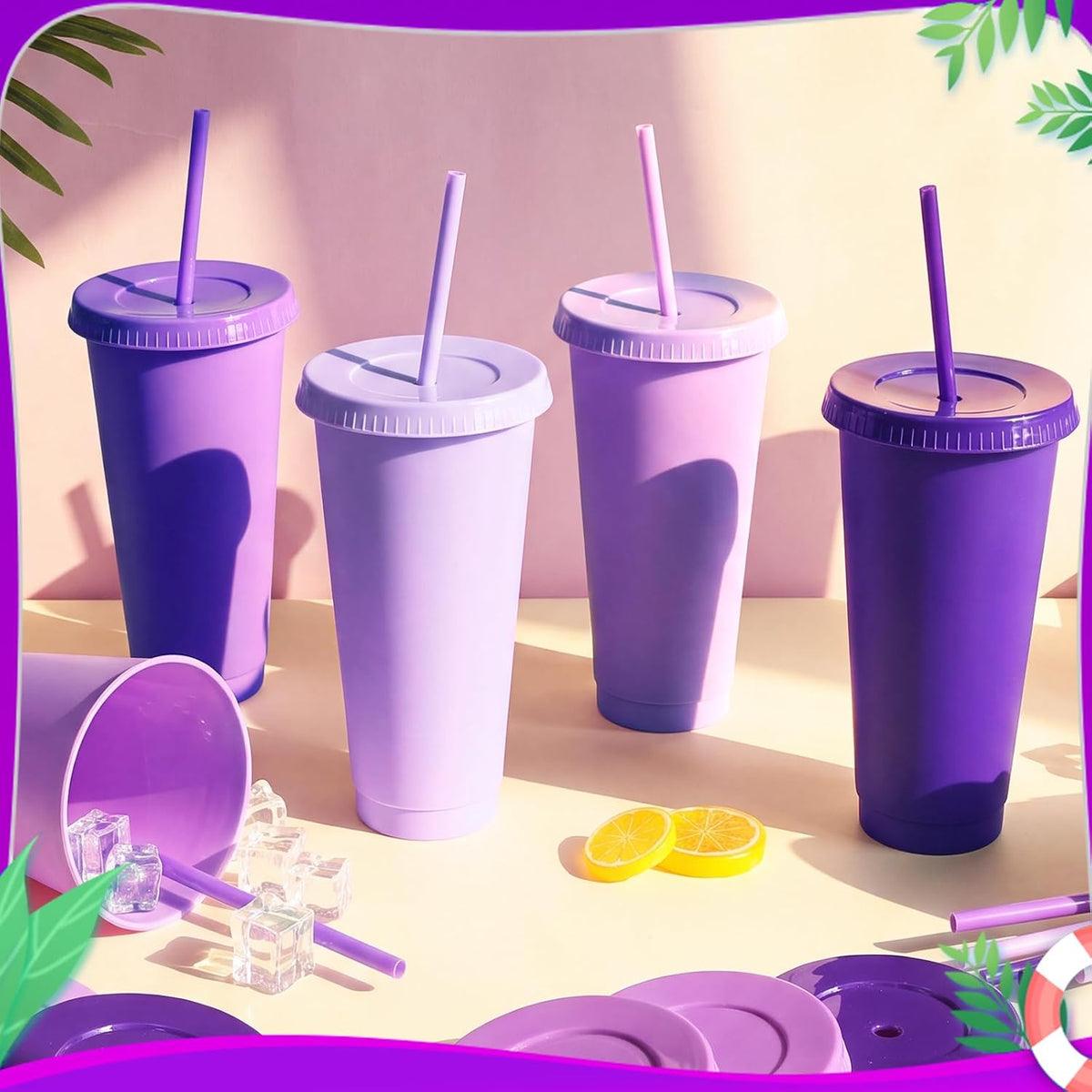 24 Pack Plastic Tumblers with Lids and Straw, Reusable Cups with Lids and Straws Colorful Cups for Cold Drink Iced Coffee, Plastic Tumbler Bulk for Party Birthday Gifts (24 oz, Stylish Colors)