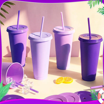 24 Pack Plastic Tumblers with Lids and Straw, Reusable Cups with Lids and Straws Colorful Cups for Cold Drink Iced Coffee, Plastic Tumbler Bulk for Party Birthday Gifts (24 oz, Stylish Colors)