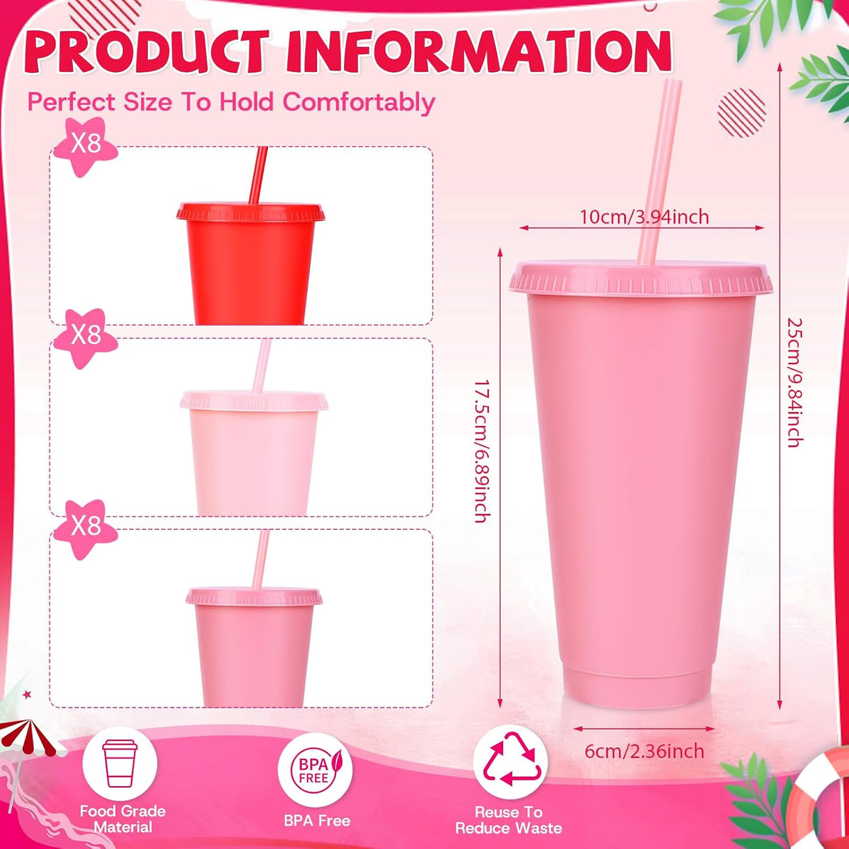 24 Pack Plastic Tumblers with Lids and Straw, Reusable Cups with Lids and Straws Colorful Cups for Cold Drink Iced Coffee, Plastic Tumbler Bulk for Party Birthday Gifts (24 oz, Stylish Colors)