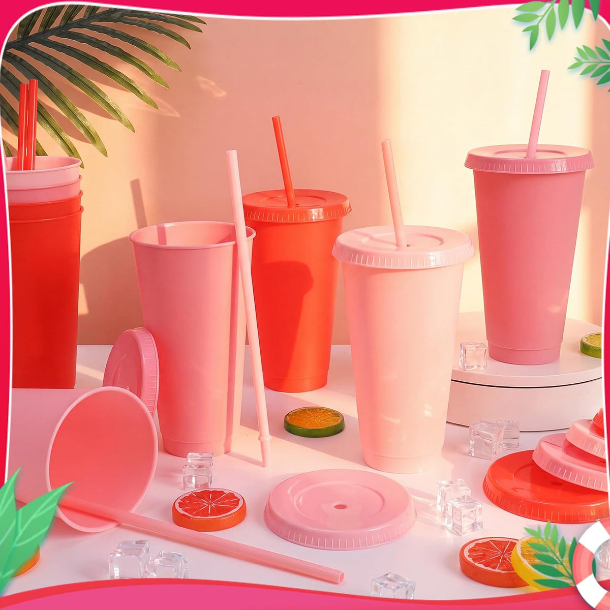 24 Pack Plastic Tumblers with Lids and Straw, Reusable Cups with Lids and Straws Colorful Cups for Cold Drink Iced Coffee, Plastic Tumbler Bulk for Party Birthday Gifts (24 oz, Stylish Colors)
