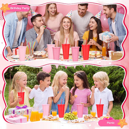 24 Pack Plastic Tumblers with Lids and Straw, Reusable Cups with Lids and Straws Colorful Cups for Cold Drink Iced Coffee, Plastic Tumbler Bulk for Party Birthday Gifts (24 oz, Stylish Colors)