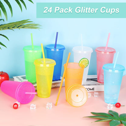 24 Pack Plastic Tumblers with Lids and Straw, Reusable Cups with Lids and Straws Colorful Cups for Cold Drink Iced Coffee, Plastic Tumbler Bulk for Party Birthday Gifts (24 oz, Stylish Colors)