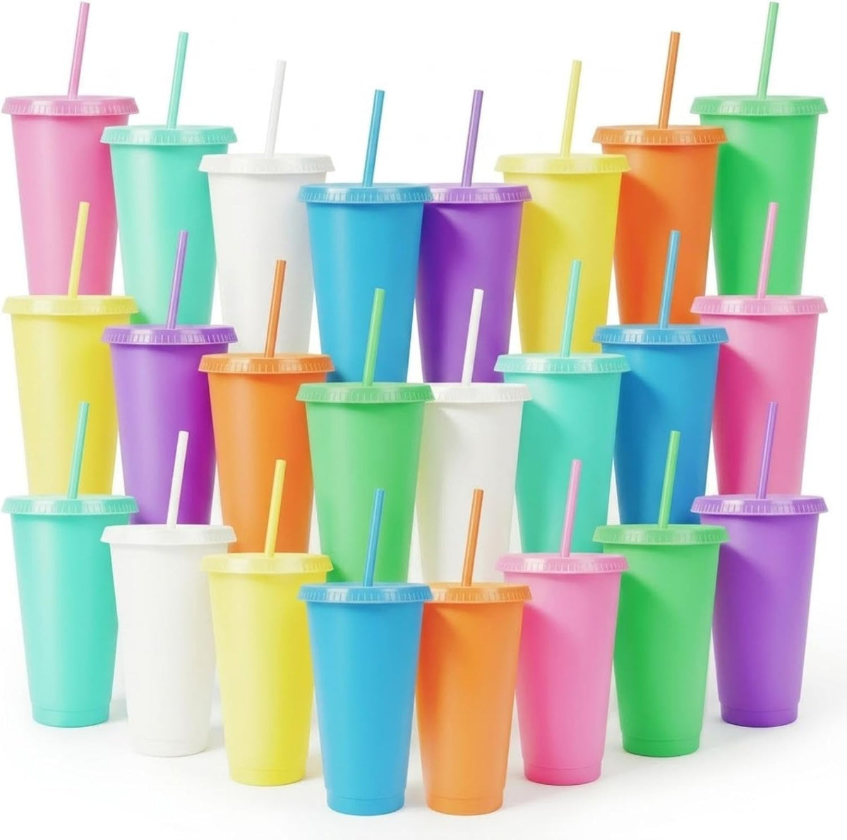 24 Pack Plastic Tumblers with Lids and Straw, Reusable Cups with Lids and Straws Colorful Cups for Cold Drink Iced Coffee, Plastic Tumbler Bulk for Party Birthday Gifts (24 oz, Stylish Colors)