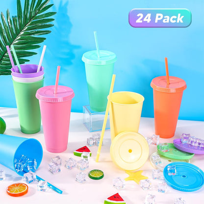 24 Pack Plastic Tumblers with Lids and Straw, Reusable Cups with Lids and Straws Colorful Cups for Cold Drink Iced Coffee, Plastic Tumbler Bulk for Party Birthday Gifts (24 oz, Stylish Colors)