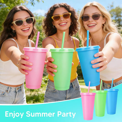 24 Pack Plastic Tumblers with Lids and Straw, Reusable Cups with Lids and Straws Colorful Cups for Cold Drink Iced Coffee, Plastic Tumbler Bulk for Party Birthday Gifts (24 oz, Stylish Colors)