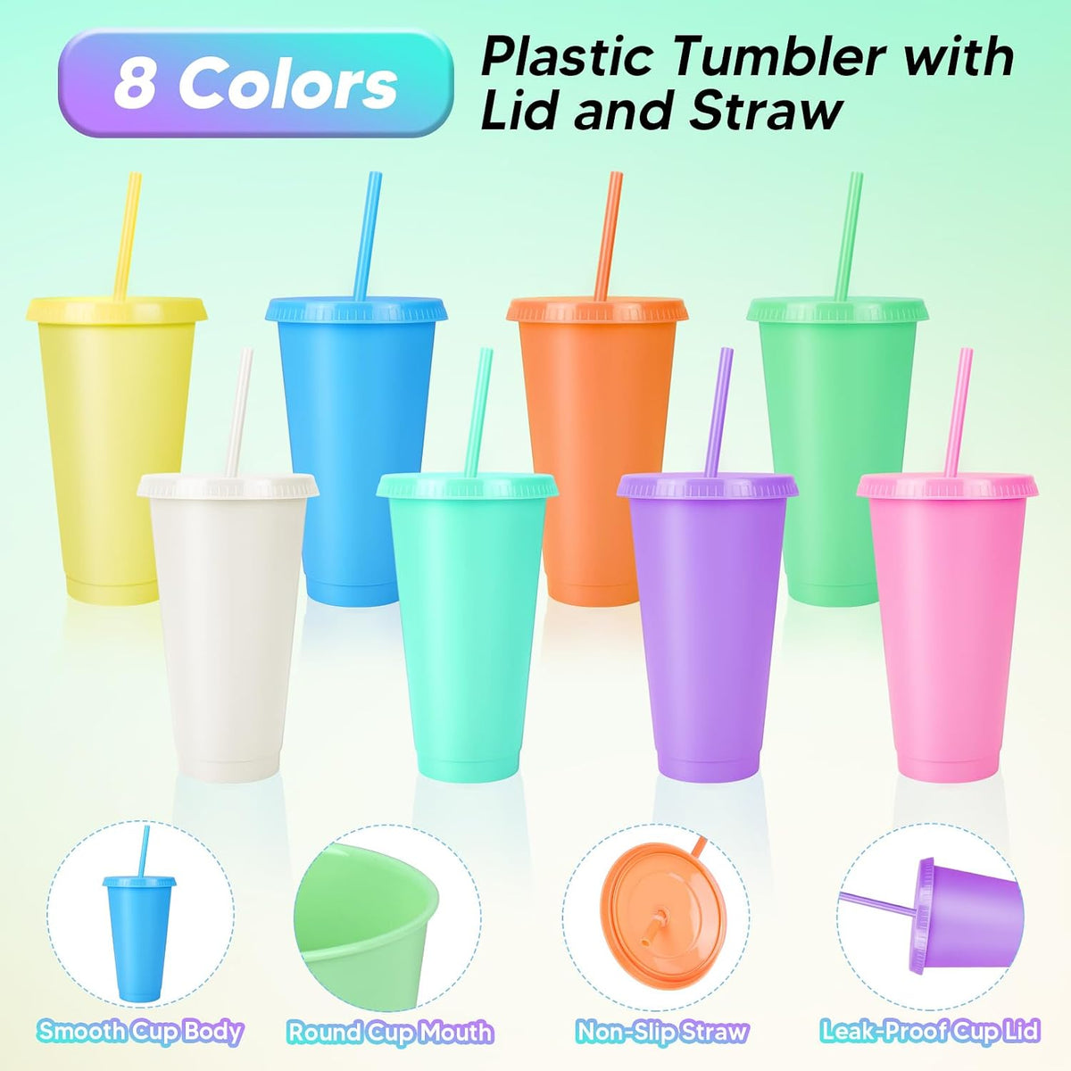24 Pack Plastic Tumblers with Lids and Straw, Reusable Cups with Lids and Straws Colorful Cups for Cold Drink Iced Coffee, Plastic Tumbler Bulk for Party Birthday Gifts (24 oz, Stylish Colors)