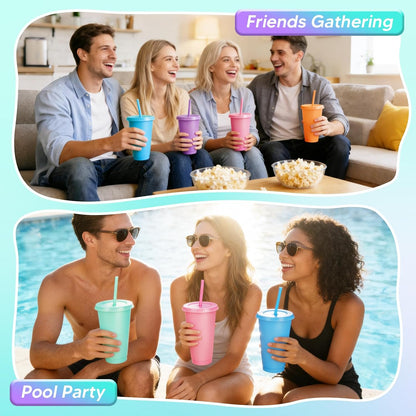 24 Pack Plastic Tumblers with Lids and Straw, Reusable Cups with Lids and Straws Colorful Cups for Cold Drink Iced Coffee, Plastic Tumbler Bulk for Party Birthday Gifts (24 oz, Stylish Colors)