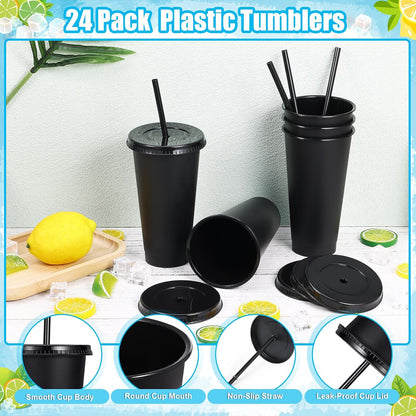 24 Pack Plastic Tumblers with Lids and Straw, Reusable Cups with Lids and Straws Colorful Cups for Cold Drink Iced Coffee, Plastic Tumbler Bulk for Party Birthday Gifts (24 oz, Stylish Colors)
