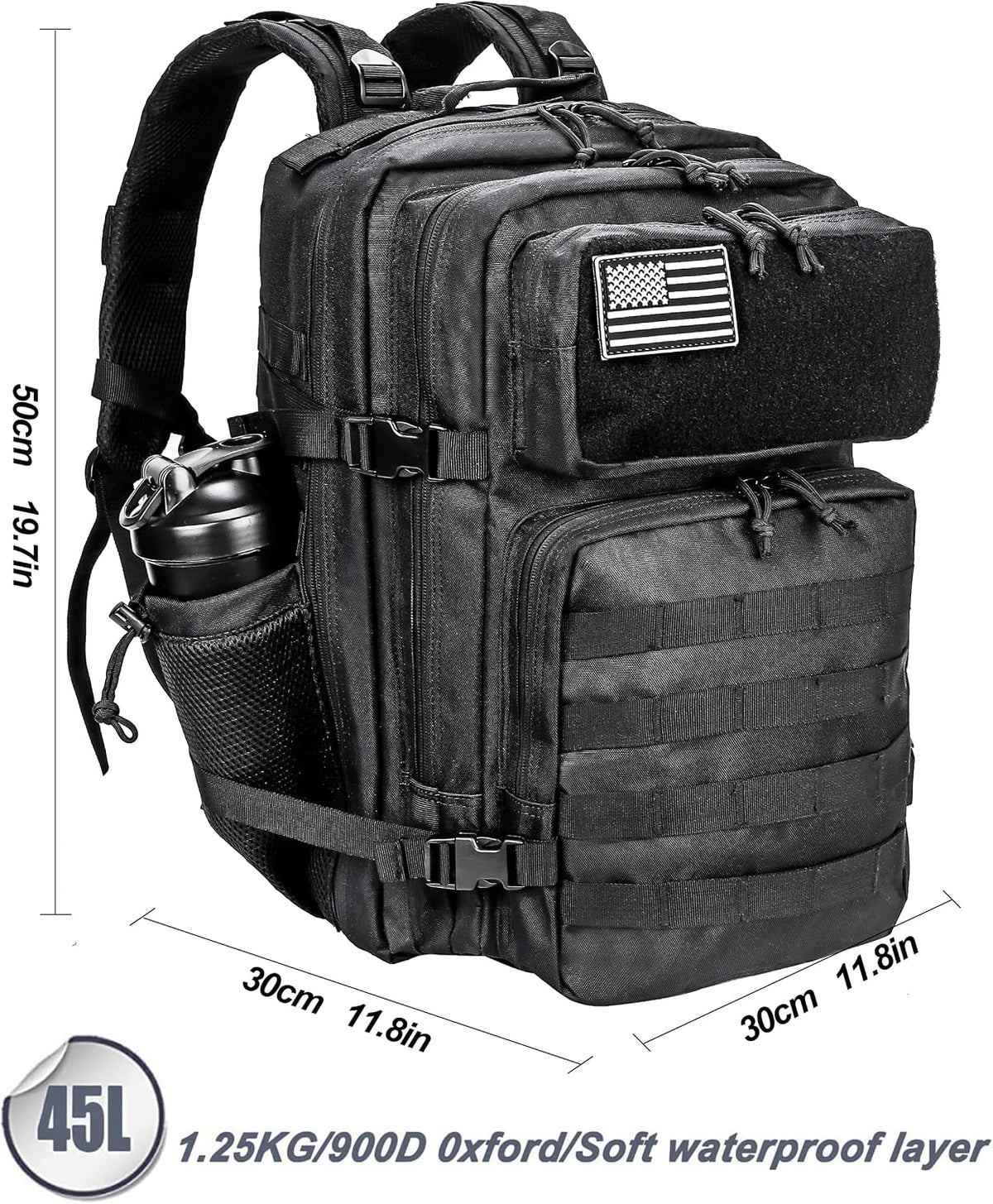 Military Tactical Backpack for Men and Women 45L Army 3 Days Assault Pack Bag Large Rucksack with Molle System Black