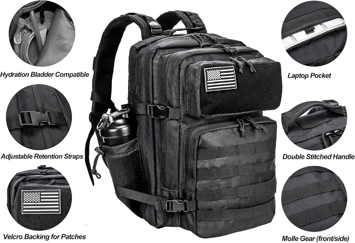 Military Tactical Backpack for Men and Women 45L Army 3 Days Assault Pack Bag Large Rucksack with Molle System Black