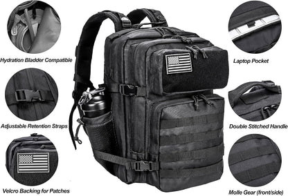 Military Tactical Backpack for Men and Women 45L Army 3 Days Assault Pack Bag Large Rucksack with Molle System Black