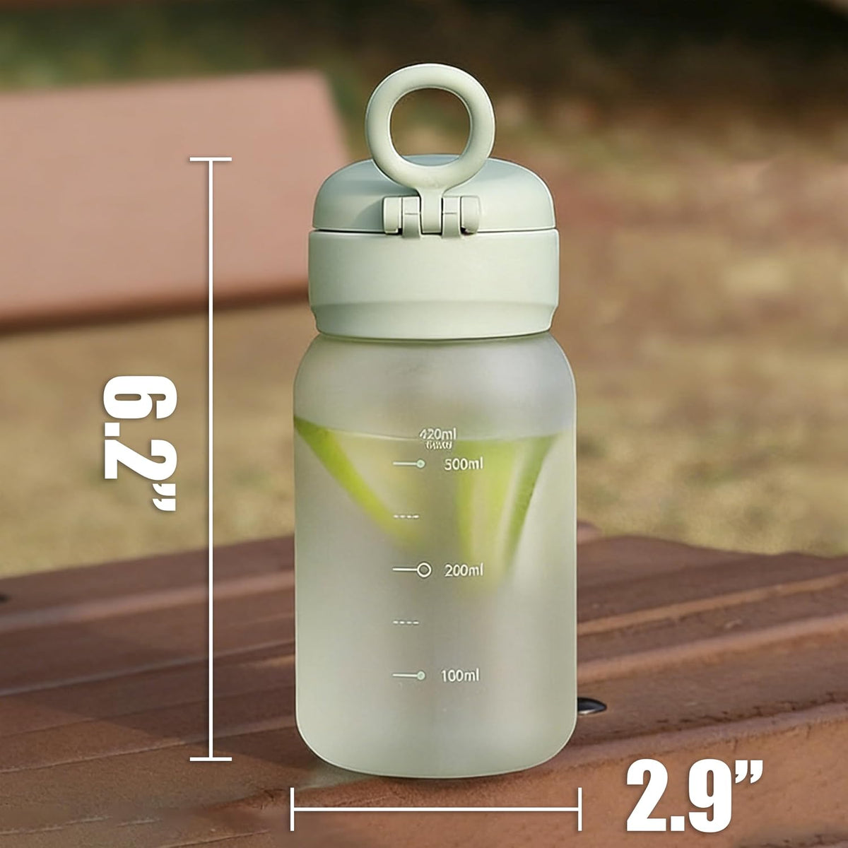 14oz Portable Mini Water Bottle, Small Frosted Juice Cup with Pop-Up Lid & Straw, Tumbler with Carry Handle, Compact Lightweight Reusable Drinkware for Sport Gym Office (Green)