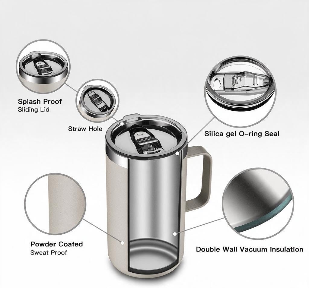 20 oz Insulated Coffee Mug, Coffee Cup with Lid and Wide Handle