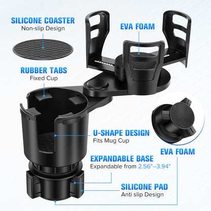 Universal 2 in 1 Car Cup Holder Expander with Adjustable Base, Fits Most Bottles