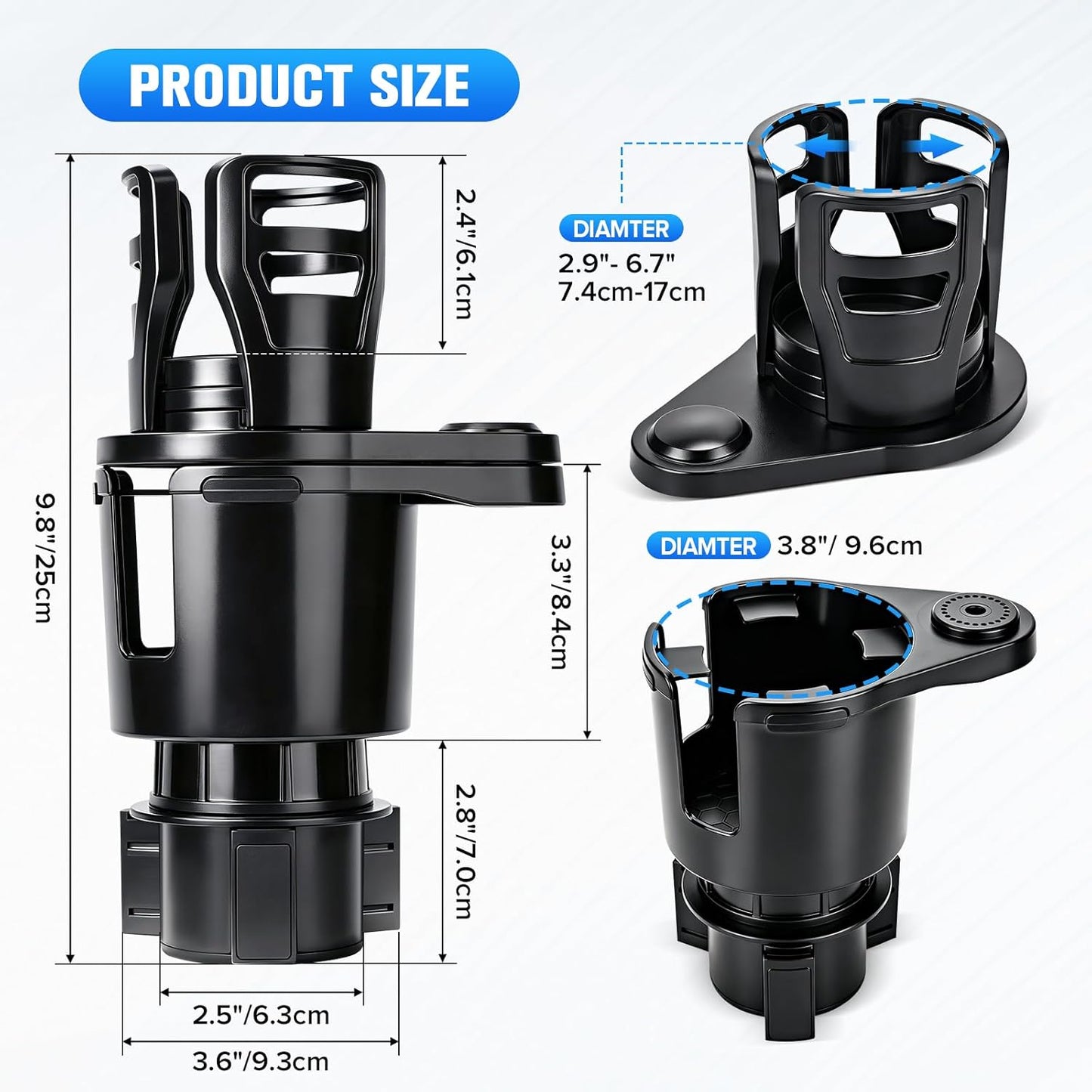 Universal 2 in 1 Car Cup Holder Expander with Adjustable Base, Fits Most Bottles