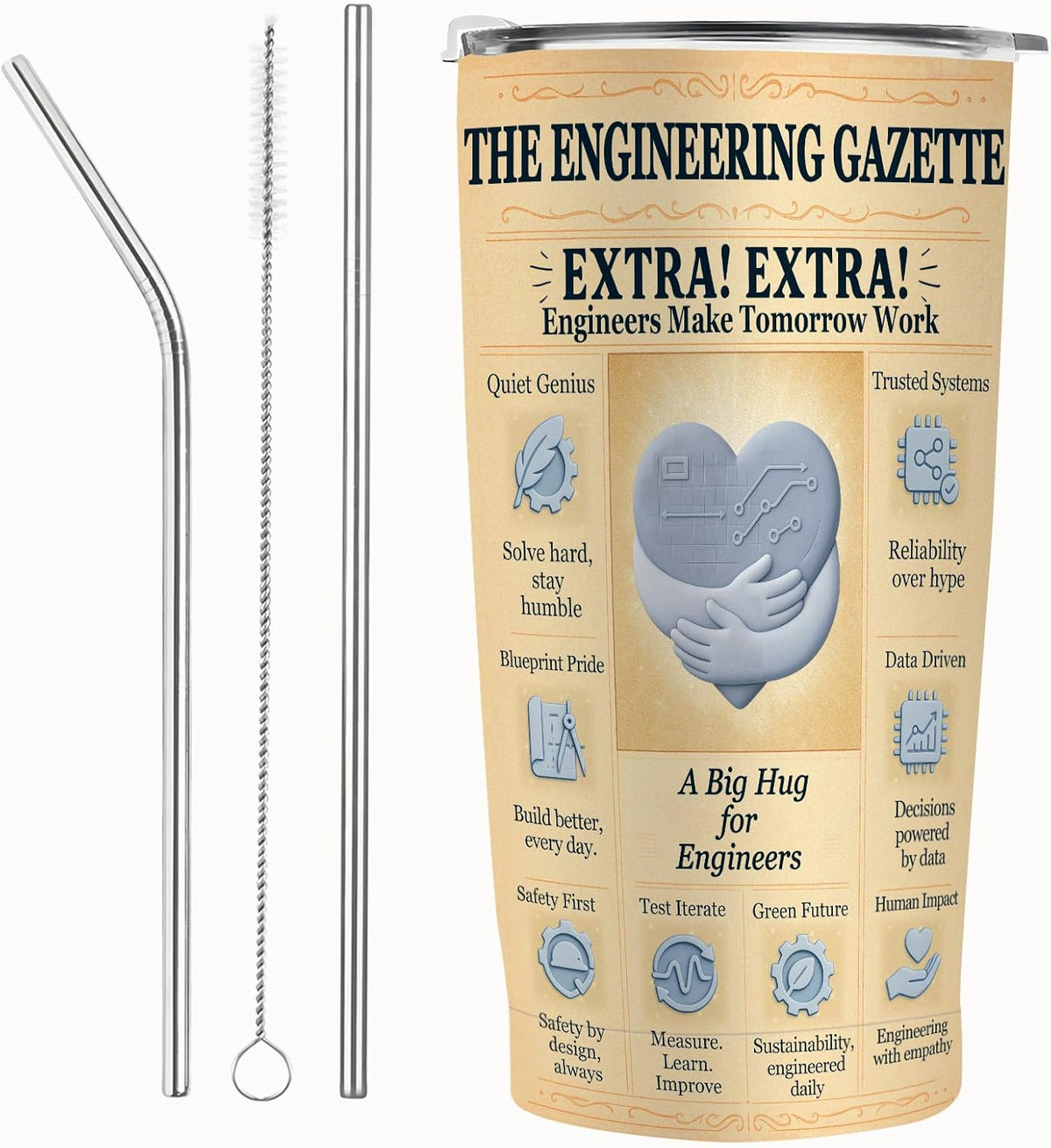 Engineer Gifts 20oz Insulated Tumbler, Newspaper-Inspired Blueprint & Circuit Design, Stainless Steel Travel Mug with Lid, for Men & Women, Students, Graduation, PE/EIT, Retirement, Appreciation