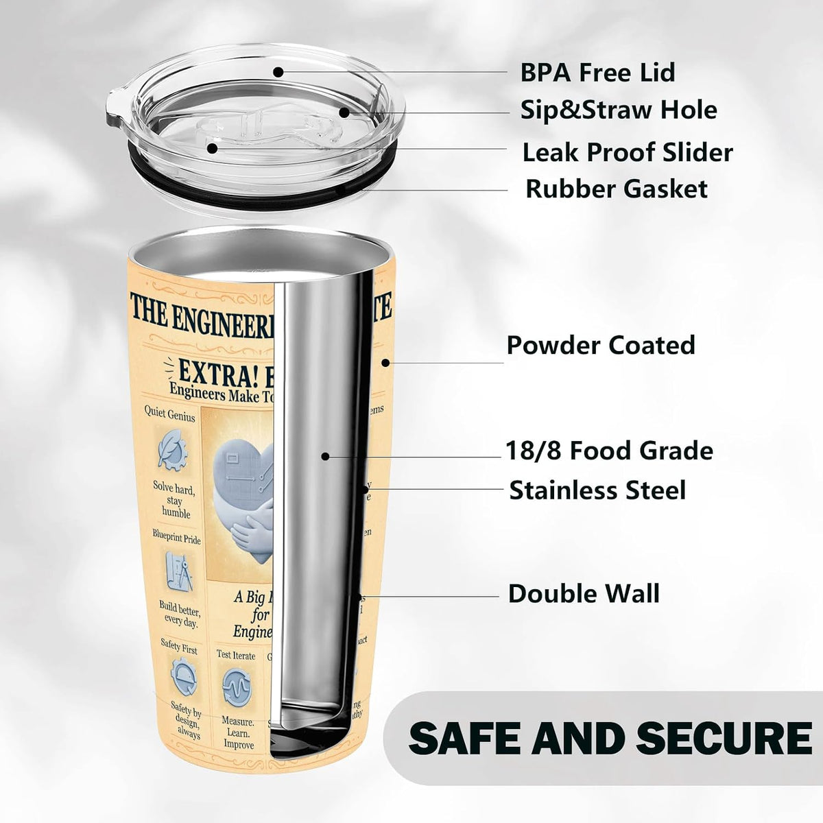 Engineer Gifts 20oz Insulated Tumbler, Newspaper-Inspired Blueprint & Circuit Design, Stainless Steel Travel Mug with Lid, for Men & Women, Students, Graduation, PE/EIT, Retirement, Appreciation