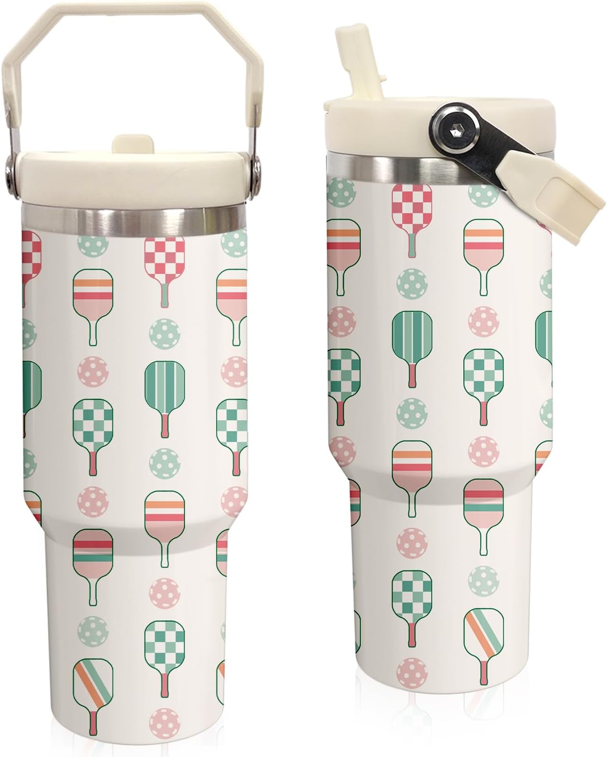 Pickleball Mug 30 OZ Tumbler with Handle Flip Straw Lid