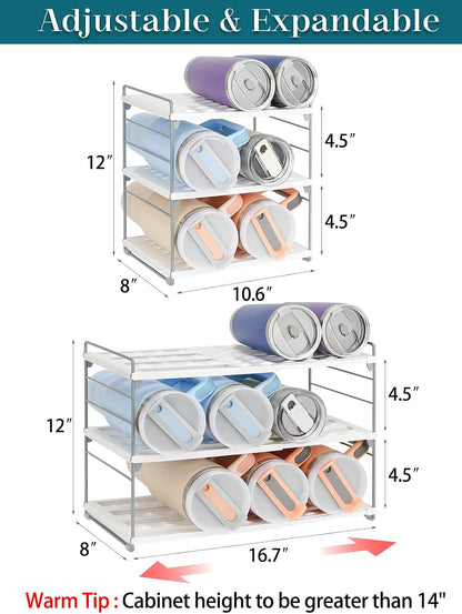10.6-16.7" Adjustable Width Water Bottle Organizer for Cabinet, 3-Tier Expandable Water Bottle Holder Rack, Cup and Tumbler Storage for Kitchen Organization, Sports Flask, Insulated Travel Mug, Fridge