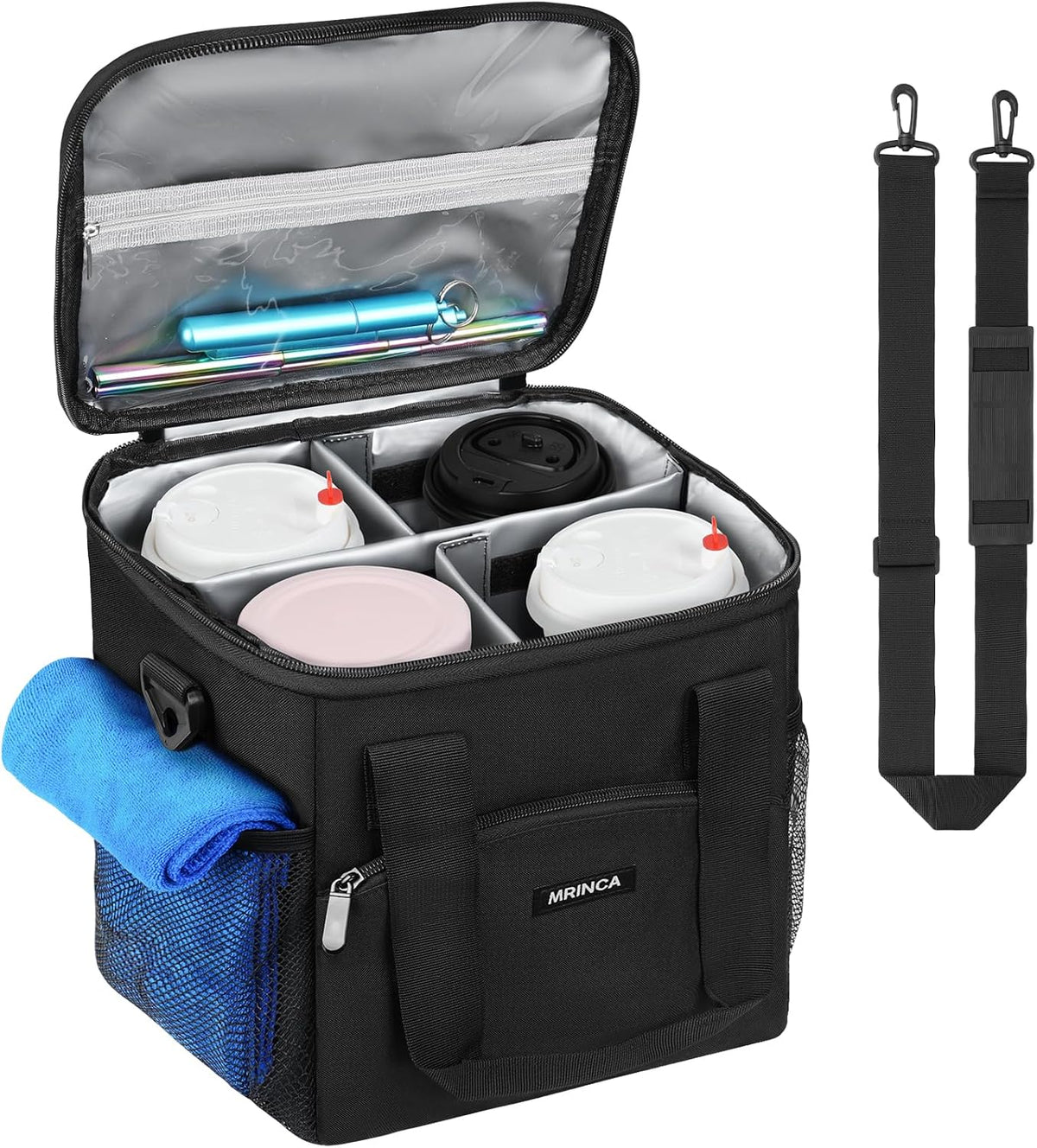 Reusable 4 Cup Insulated Drink Carrier with Handle, Black