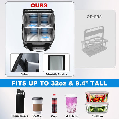 Reusable 4 Cup Insulated Drink Carrier with Handle, Black