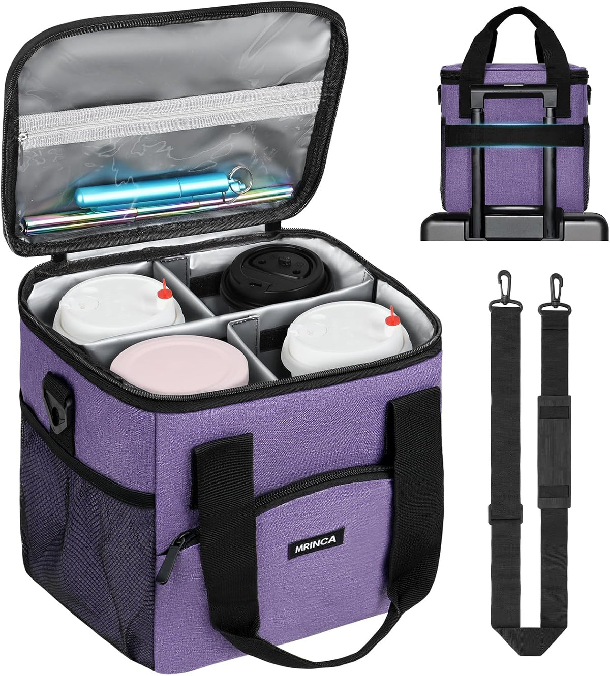 Reusable 4 Cup Insulated Drink Carrier with Handle, Black
