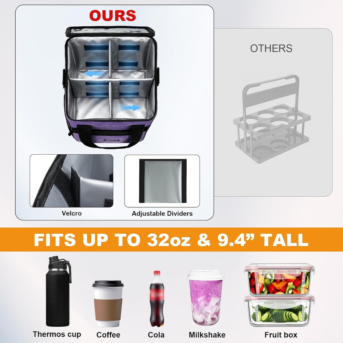 Reusable 4 Cup Insulated Drink Carrier with Handle, Black