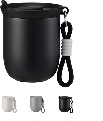 8oz Small Insulated Coffee Cup with Lanyard, Vacuum Steel Mini Travel Mug | Matte finish;Leakproof lid;Flip spout;Non-slip base;Hot or cold drinks;Office;Commute;Walking;Hiking;Daily carry