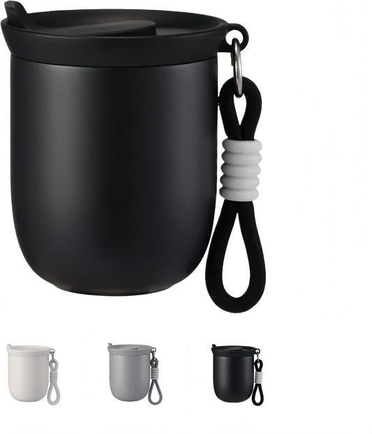 8oz Small Insulated Coffee Cup with Lanyard, Vacuum Steel Mini Travel Mug | Matte finish;Leakproof lid;Flip spout;Non-slip base;Hot or cold drinks;Office;Commute;Walking;Hiking;Daily carry