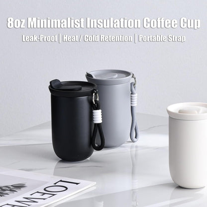 8oz Small Insulated Coffee Cup with Lanyard, Vacuum Steel Mini Travel Mug | Matte finish;Leakproof lid;Flip spout;Non-slip base;Hot or cold drinks;Office;Commute;Walking;Hiking;Daily carry