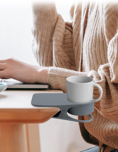 Clip on Drink Holder for Beach Chair, Desk Cup Holder with Groove | Drink Clamp Mug Cup Stand Coffee Water Bottle Cup Clip, Versatile Table Cup Holders for Home, Office, School (Gray)