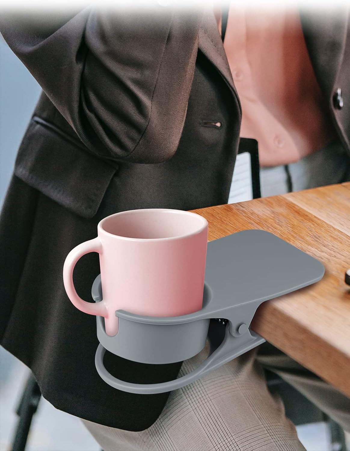 Clip on Drink Holder for Beach Chair, Desk Cup Holder with Groove | Drink Clamp Mug Cup Stand Coffee Water Bottle Cup Clip, Versatile Table Cup Holders for Home, Office, School (Gray)