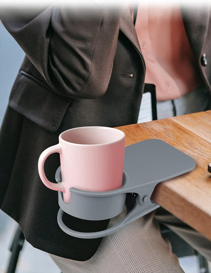 Clip on Drink Holder for Beach Chair, Desk Cup Holder with Groove | Drink Clamp Mug Cup Stand Coffee Water Bottle Cup Clip, Versatile Table Cup Holders for Home, Office, School (Gray)