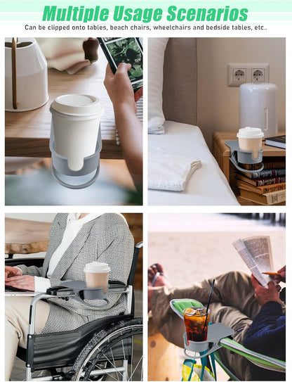 Clip on Drink Holder for Beach Chair, Desk Cup Holder with Groove | Drink Clamp Mug Cup Stand Coffee Water Bottle Cup Clip, Versatile Table Cup Holders for Home, Office, School (Gray)