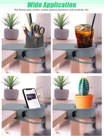 Clip on Drink Holder for Beach Chair, Desk Cup Holder with Groove | Drink Clamp Mug Cup Stand Coffee Water Bottle Cup Clip, Versatile Table Cup Holders for Home, Office, School (Gray)
