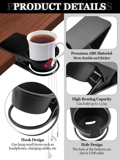 Clip on Drink Holder for Beach Chair, Desk Cup Holder with Groove | Drink Clamp Mug Cup Stand Coffee Water Bottle Cup Clip, Versatile Table Cup Holders for Home, Office, School (Gray)