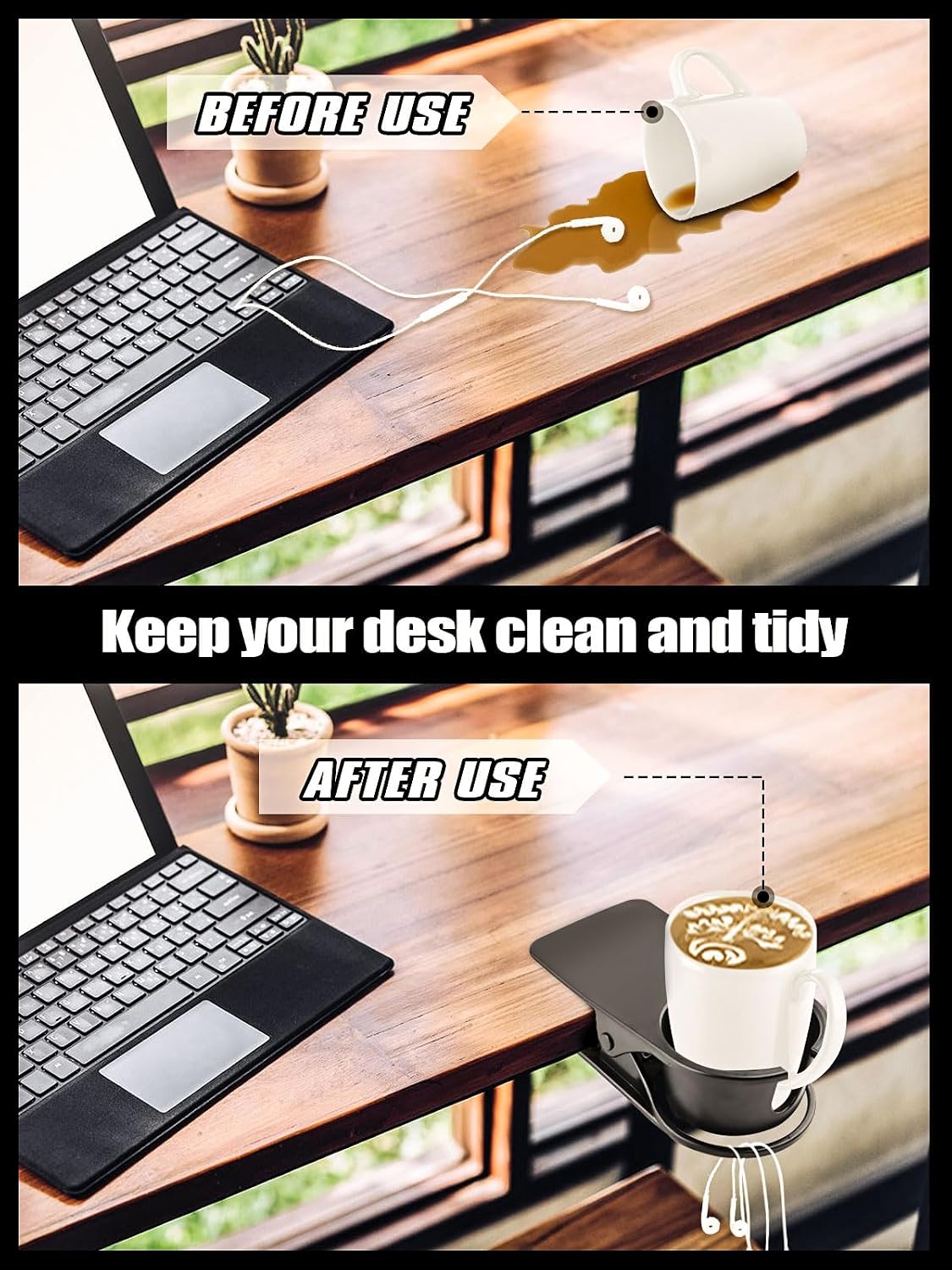 Clip on Drink Holder for Beach Chair, Desk Cup Holder with Groove | Drink Clamp Mug Cup Stand Coffee Water Bottle Cup Clip, Versatile Table Cup Holders for Home, Office, School (Gray)