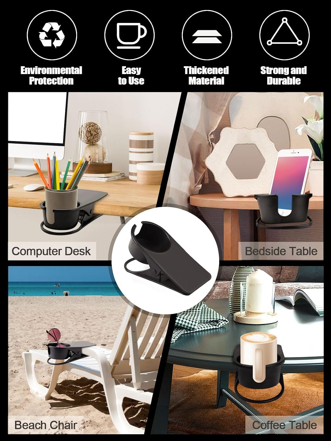 Clip on Drink Holder for Beach Chair, Desk Cup Holder with Groove | Drink Clamp Mug Cup Stand Coffee Water Bottle Cup Clip, Versatile Table Cup Holders for Home, Office, School (Gray)