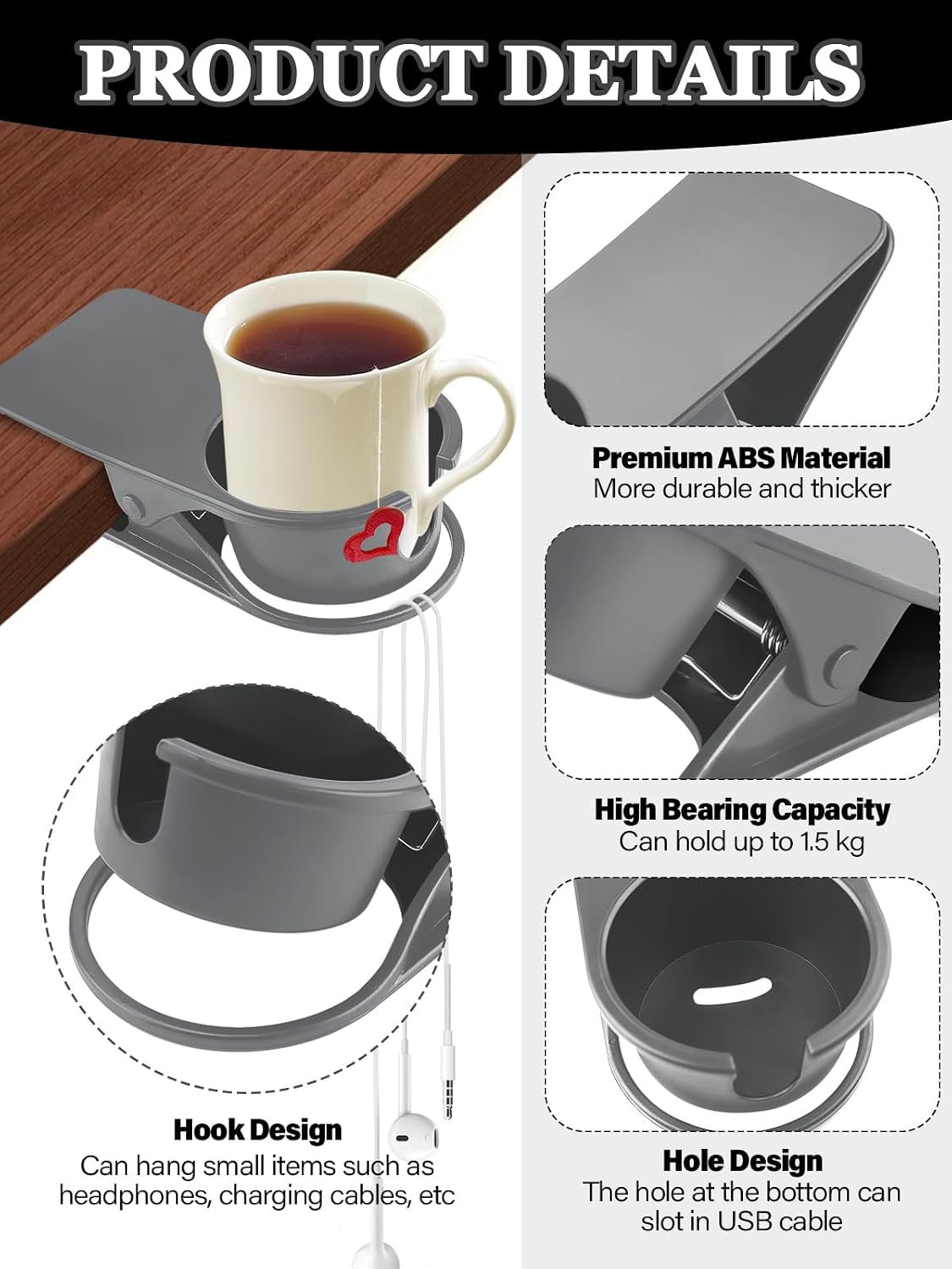 Clip on Drink Holder for Beach Chair, Desk Cup Holder with Groove | Drink Clamp Mug Cup Stand Coffee Water Bottle Cup Clip, Versatile Table Cup Holders for Home, Office, School (Gray)
