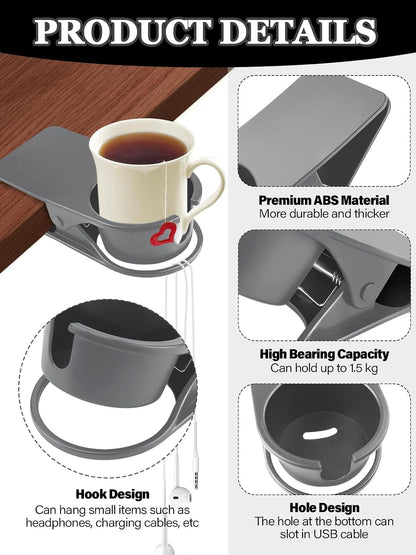 Clip on Drink Holder for Beach Chair, Desk Cup Holder with Groove | Drink Clamp Mug Cup Stand Coffee Water Bottle Cup Clip, Versatile Table Cup Holders for Home, Office, School (Gray)