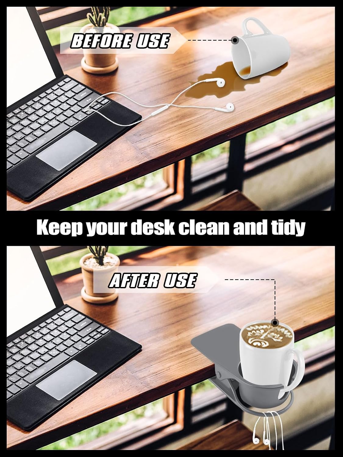 Clip on Drink Holder for Beach Chair, Desk Cup Holder with Groove | Drink Clamp Mug Cup Stand Coffee Water Bottle Cup Clip, Versatile Table Cup Holders for Home, Office, School (Gray)